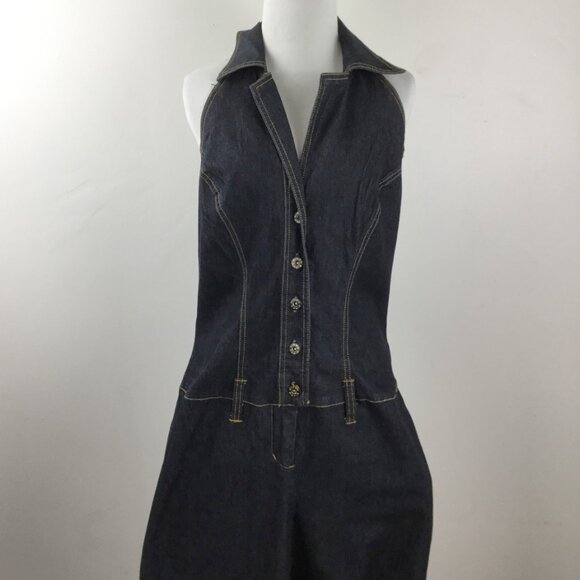 Bisou Bisou Denim Wide Leg Halter Top Belted Jumpsuit l - Picture 3 of 9